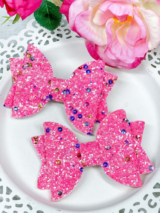 Set of 2 hot pink 3 inch glitter hair bows - Alternative view