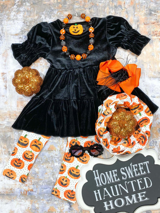 3 piece set including black velvet top, printed pants and matching scarf. - Alternative view