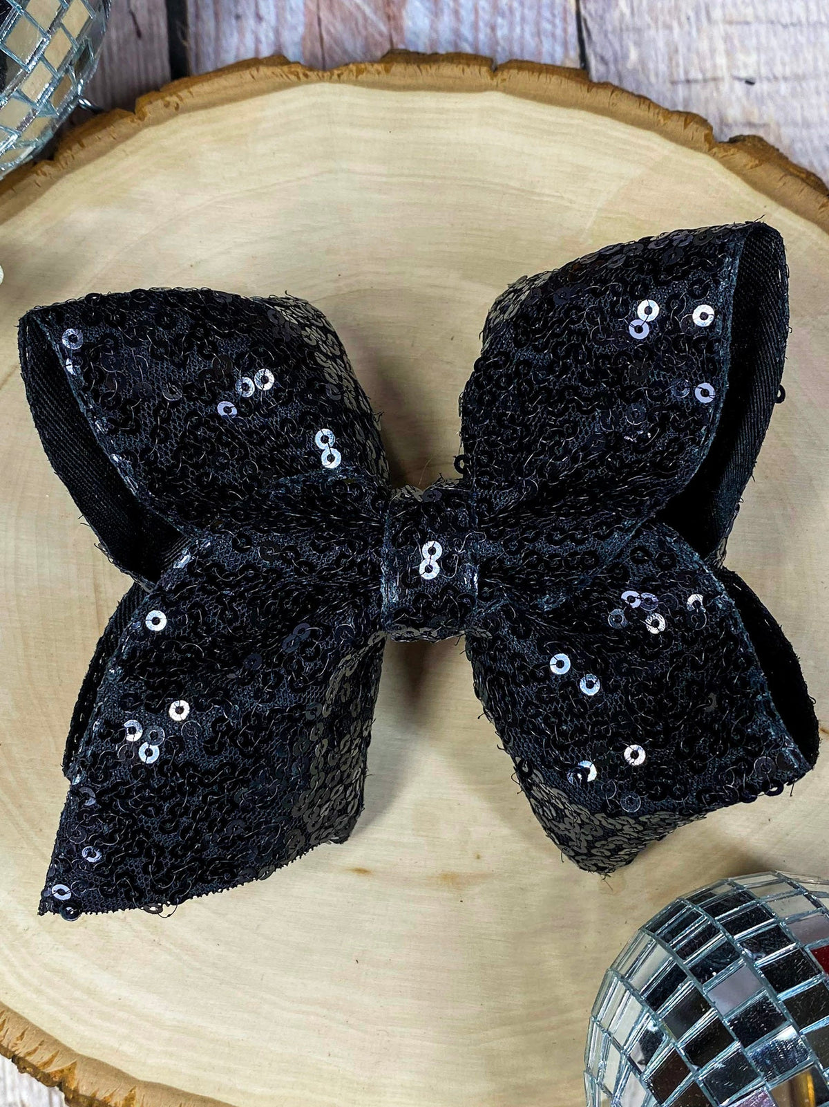 4.5 inch black sequin hair bow on alligator clip