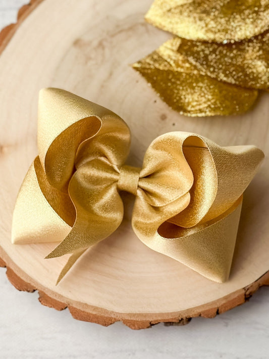 4.5 inch gold shimmer satin hair bow on alligator clip - Alternative view