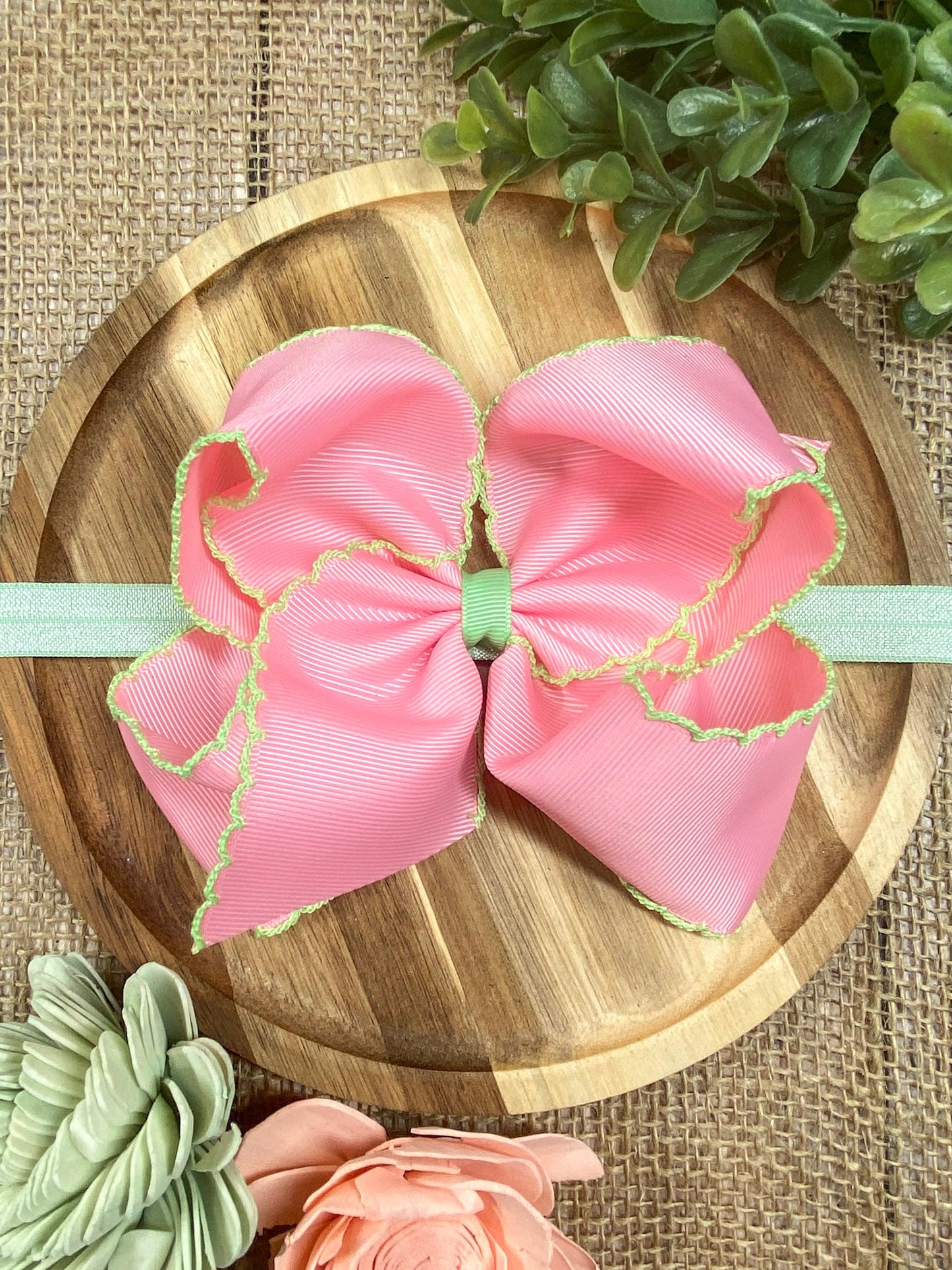 Pink with Green Moonstitch Bow Headband