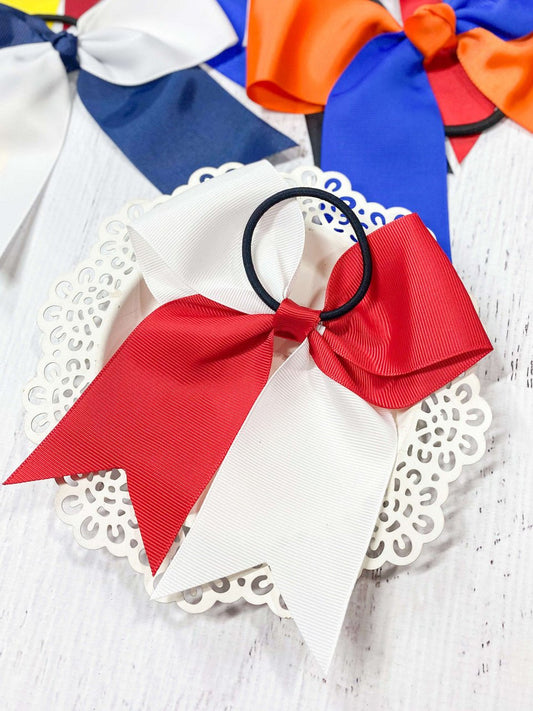 Back of 6 inch school spirit cheer bow showing pony-o elastic - Alternative view