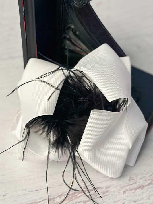 6 inch white grosgrain hair bow with black feather puff - Alternative view