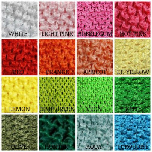 Color chart of crochet tutu tops showing fabric swatches in white, light pink, bubblegum, hot pink, red, orange, apricot, light yellow, lemon, lime green, neon, kelly, olive, hunter, aqua, and turquoise.