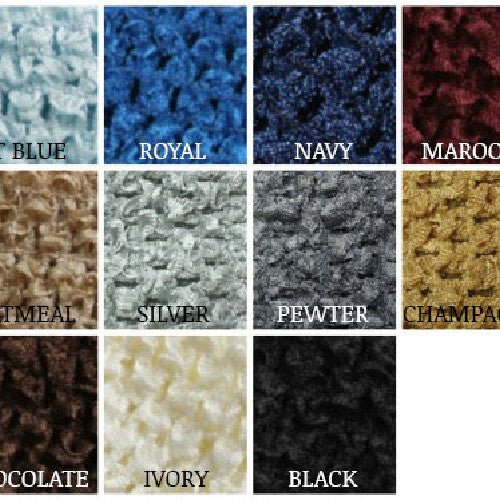 Color chart of crochet tutu tops with fabric swatches in blue, royal, navy, maroon, oatmeal, silver, pewter, champagne, chocolate, ivory, and black.