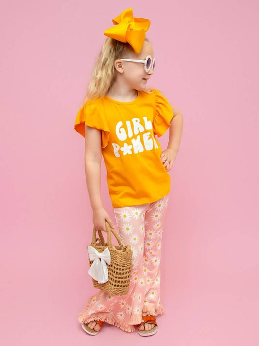 Mustard, White & Light Pink Girl Power Flare Pants Set-On Model.
