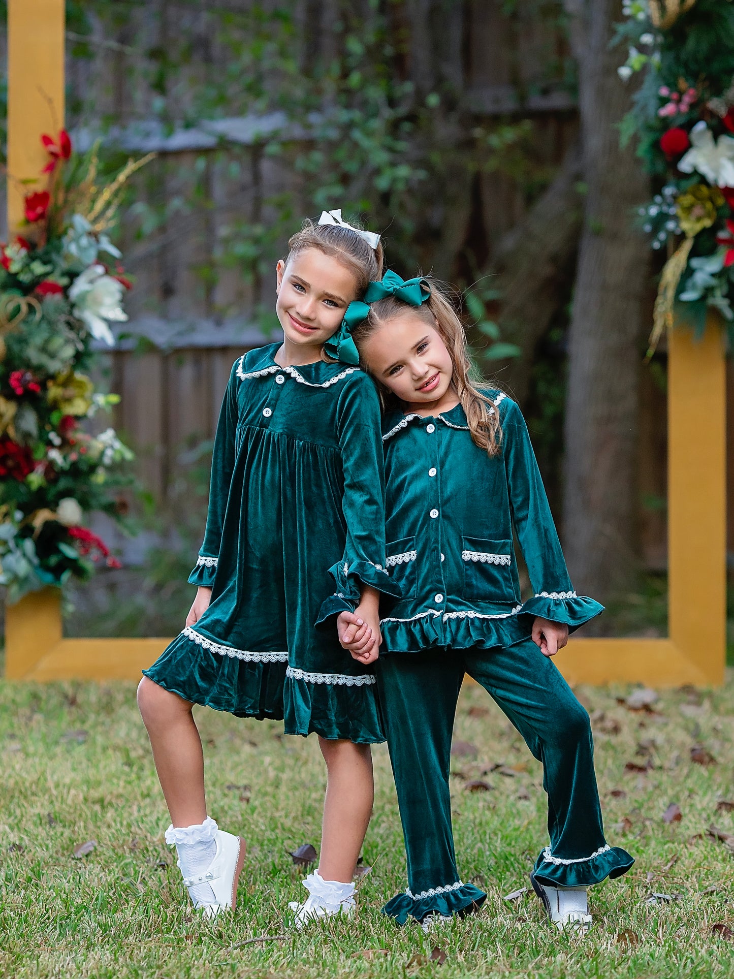 Our Green Velvet Girl's Nightgown and our Green Velvet Girl's PJ Set on a model