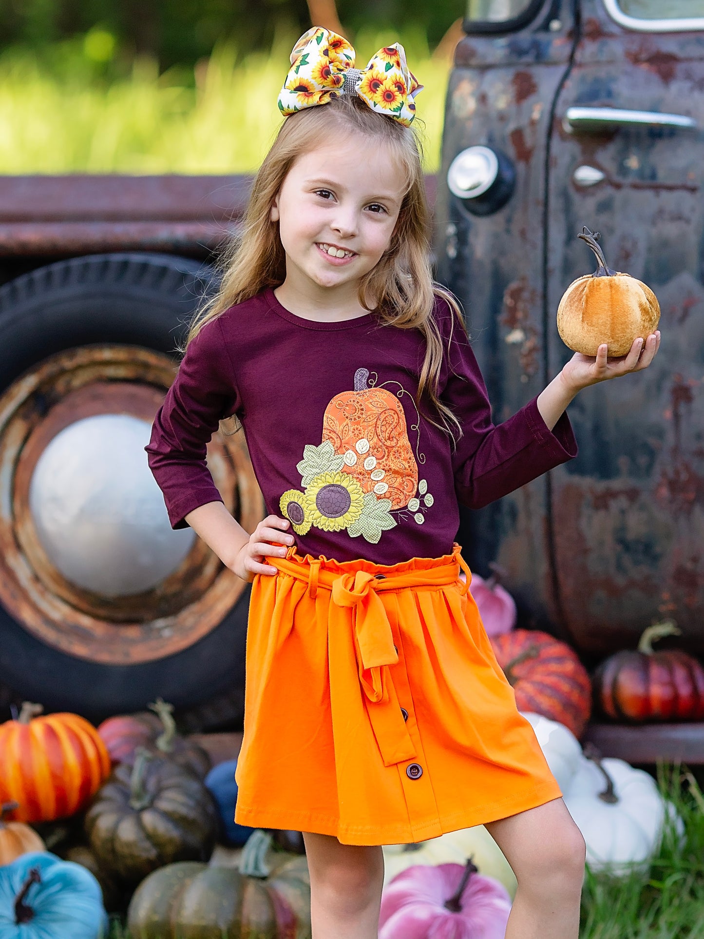 Sunflowers & Pumpkins Orange Skirt Set on a model