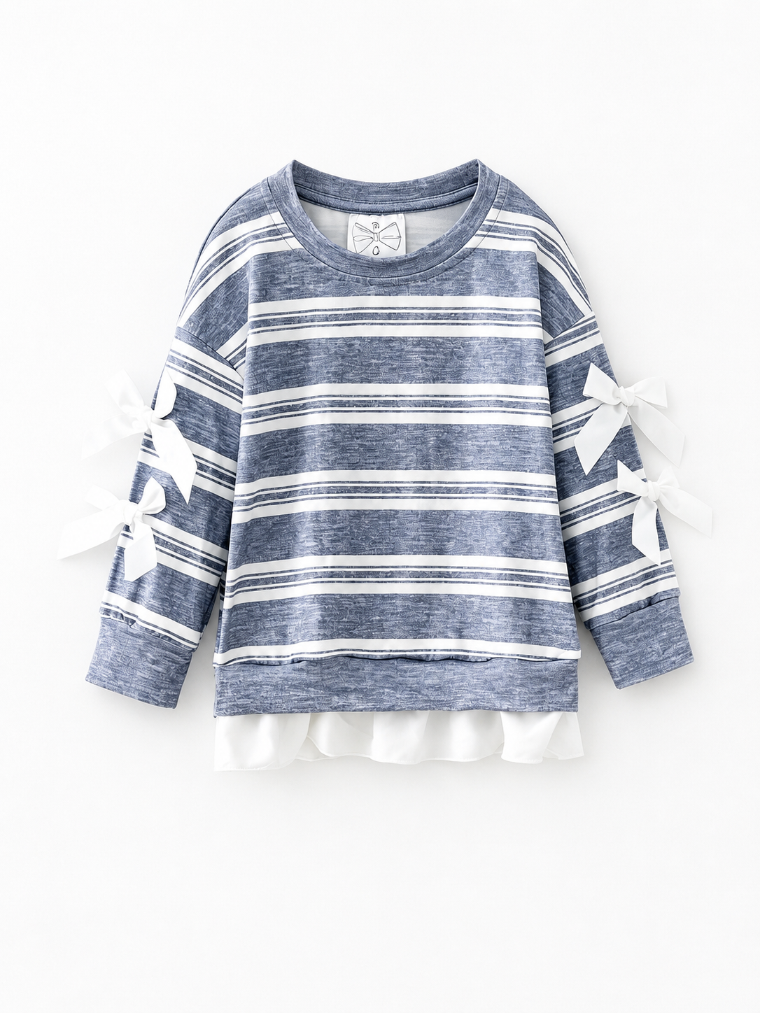 Girls blue striped long sleeve top with white sleeve bows and ruffle hem