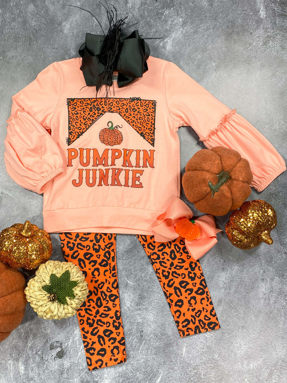 Pumpkin Junkie long sleeve top with coordinating animal print pants.