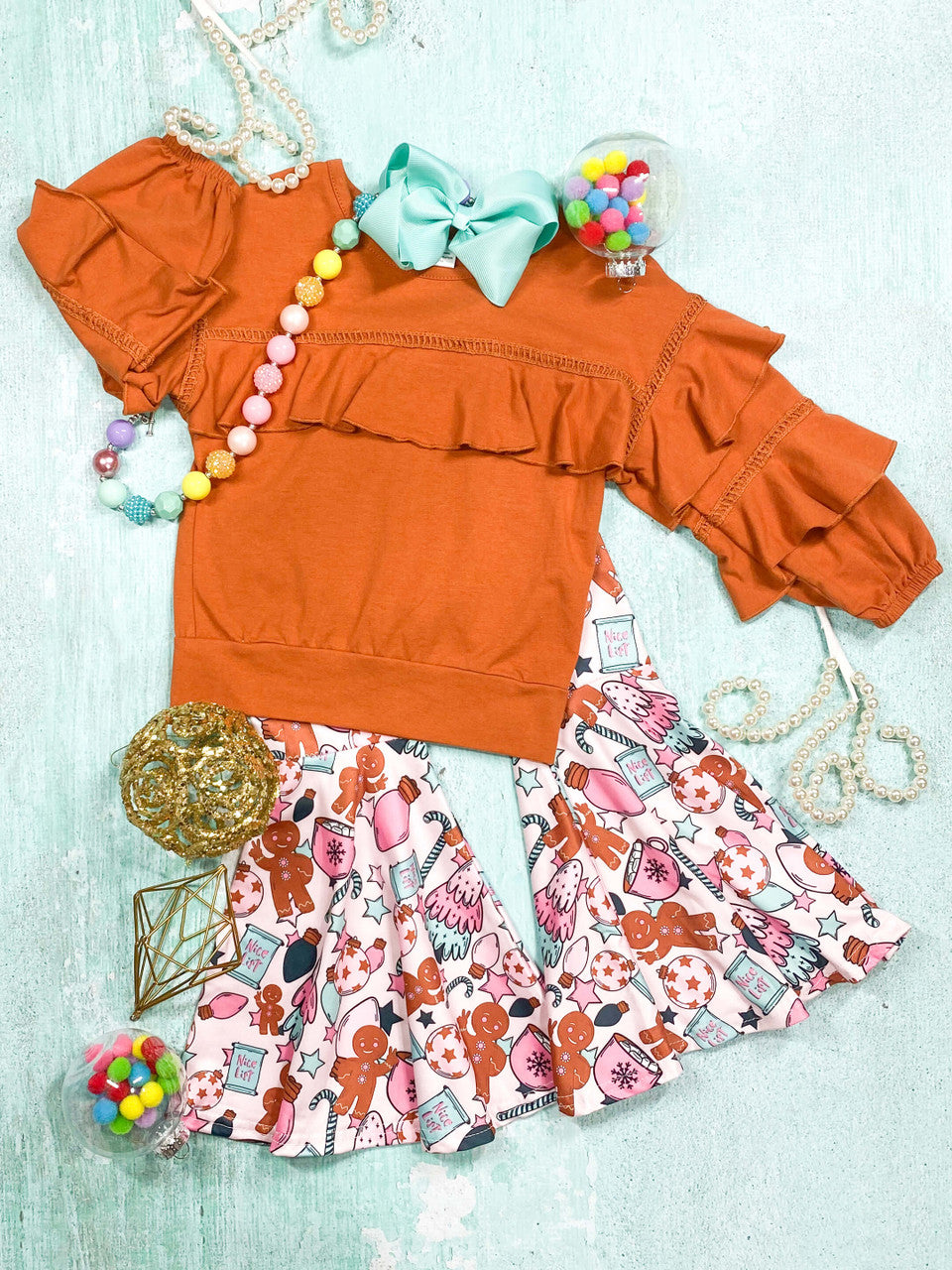 Gingerbread Cocoa Pants Set - Girls Christmas Outfit