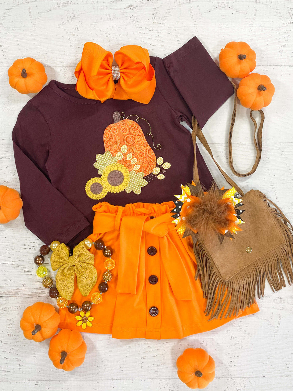 Long sleeve top with sunflower and pumpkin design with coordinating orange skirt with tie waist belt