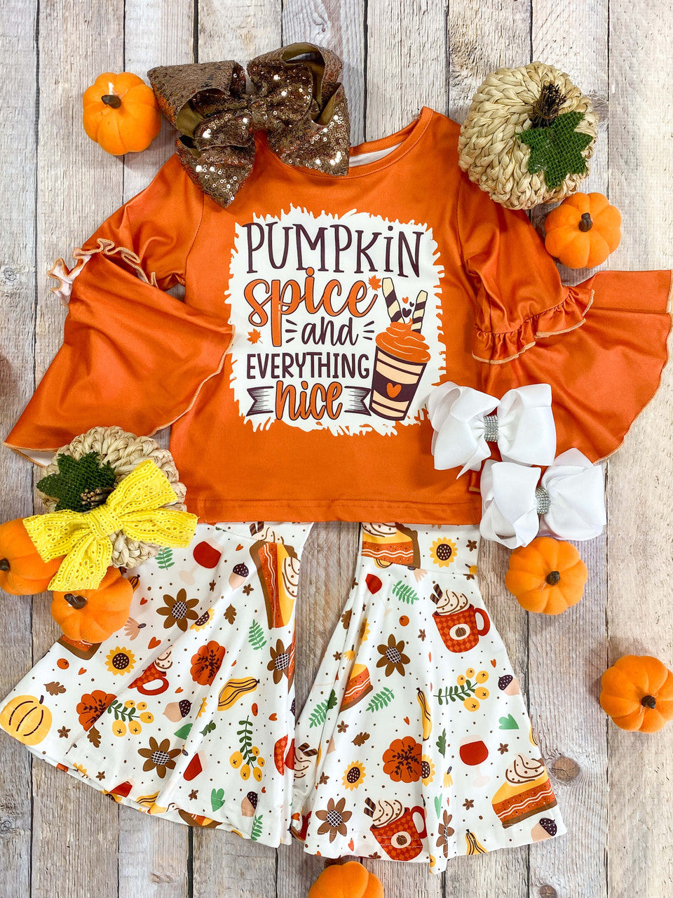 Orange bell sleeve shirt with Pumpkin Spice design and coordinating bell pants