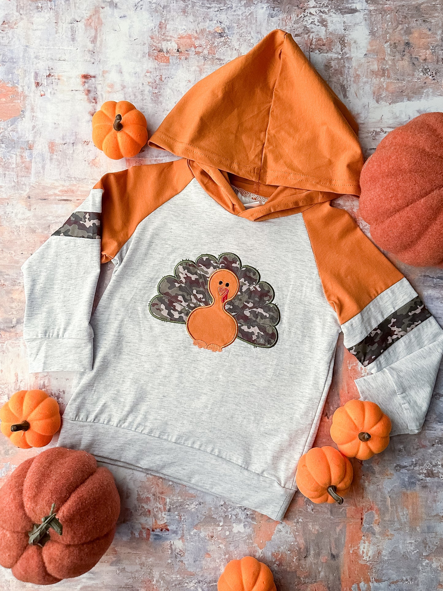 Camo Turkey Applique with burnt orange Hoodie- for Boys