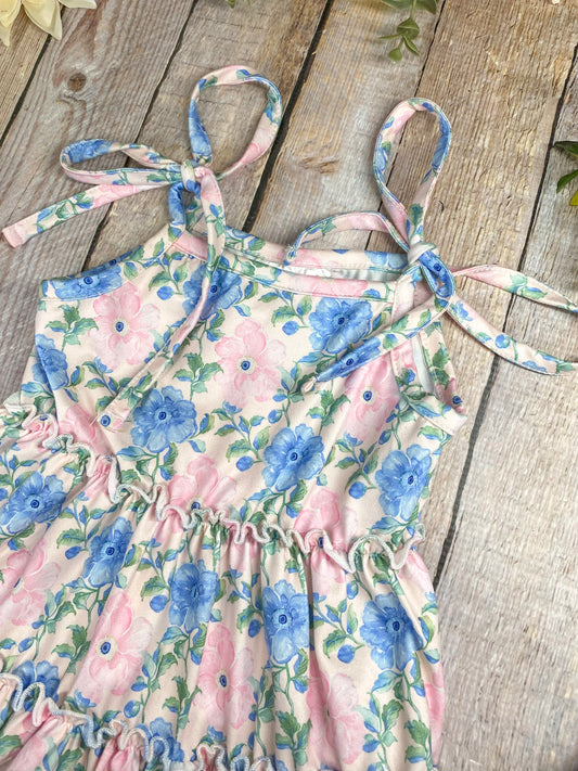 blue and pink Floral Tie Strap Tiered Dress for girls on a wooden background - Alternative view