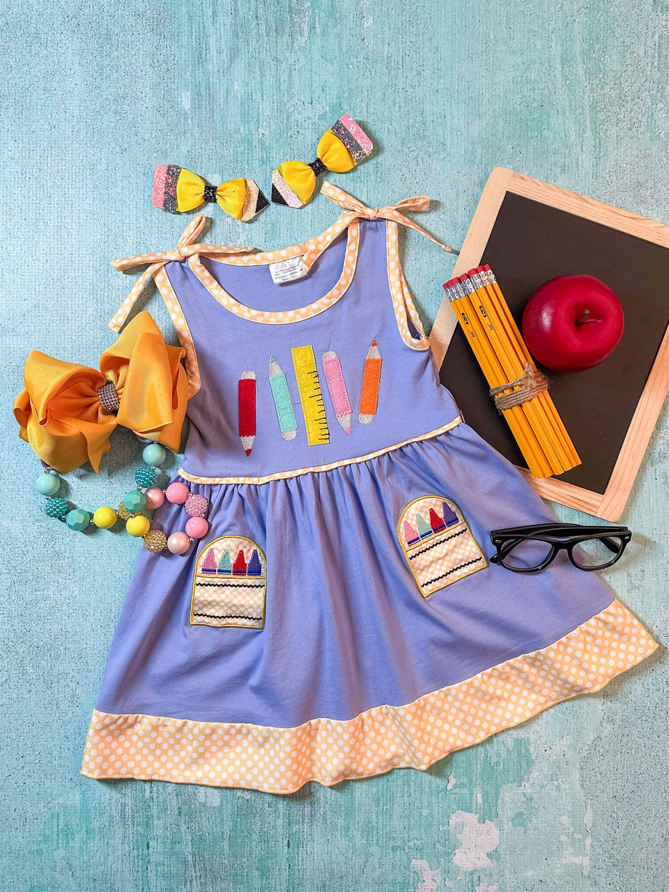 Purple & Yellow Colored Pencils Smocked Dress