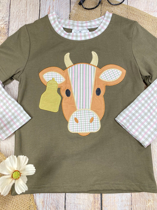 boys western long sleeve top with cow appliqué and faux gingham layered sleeve accents on a wooden background - Alternative view