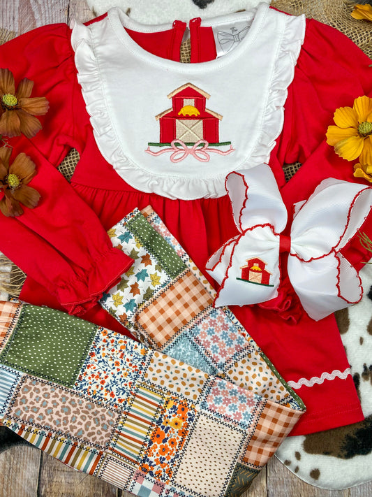girls fall two-piece with red barn appliqué ruffle bib top and patchwork print leggings - Alternative view
