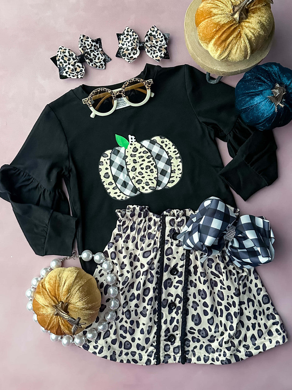 Animal print 2 piece skirt set; black long sleeve top with printed pumpkin and animal print skirt