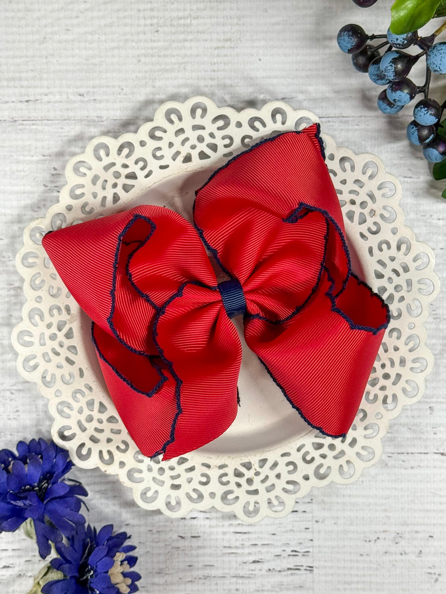 Red with Navy Moonstitch Hair Bow