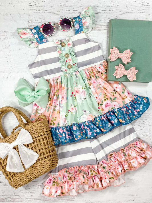 Colorful Floral and Grey Stripes Shorts Set