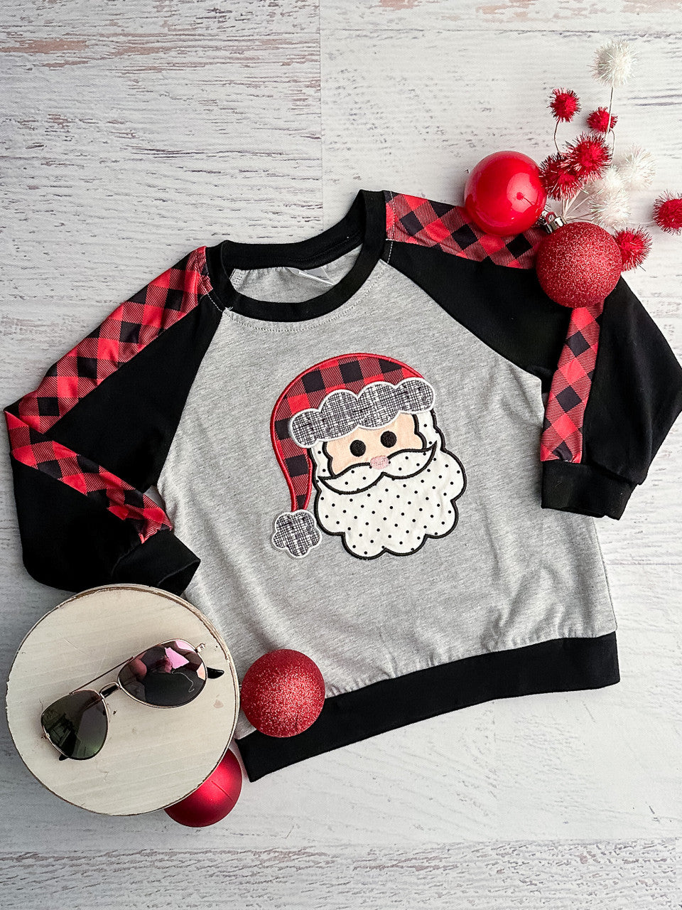 gray, black, and red buffalo plaid santa shirt
