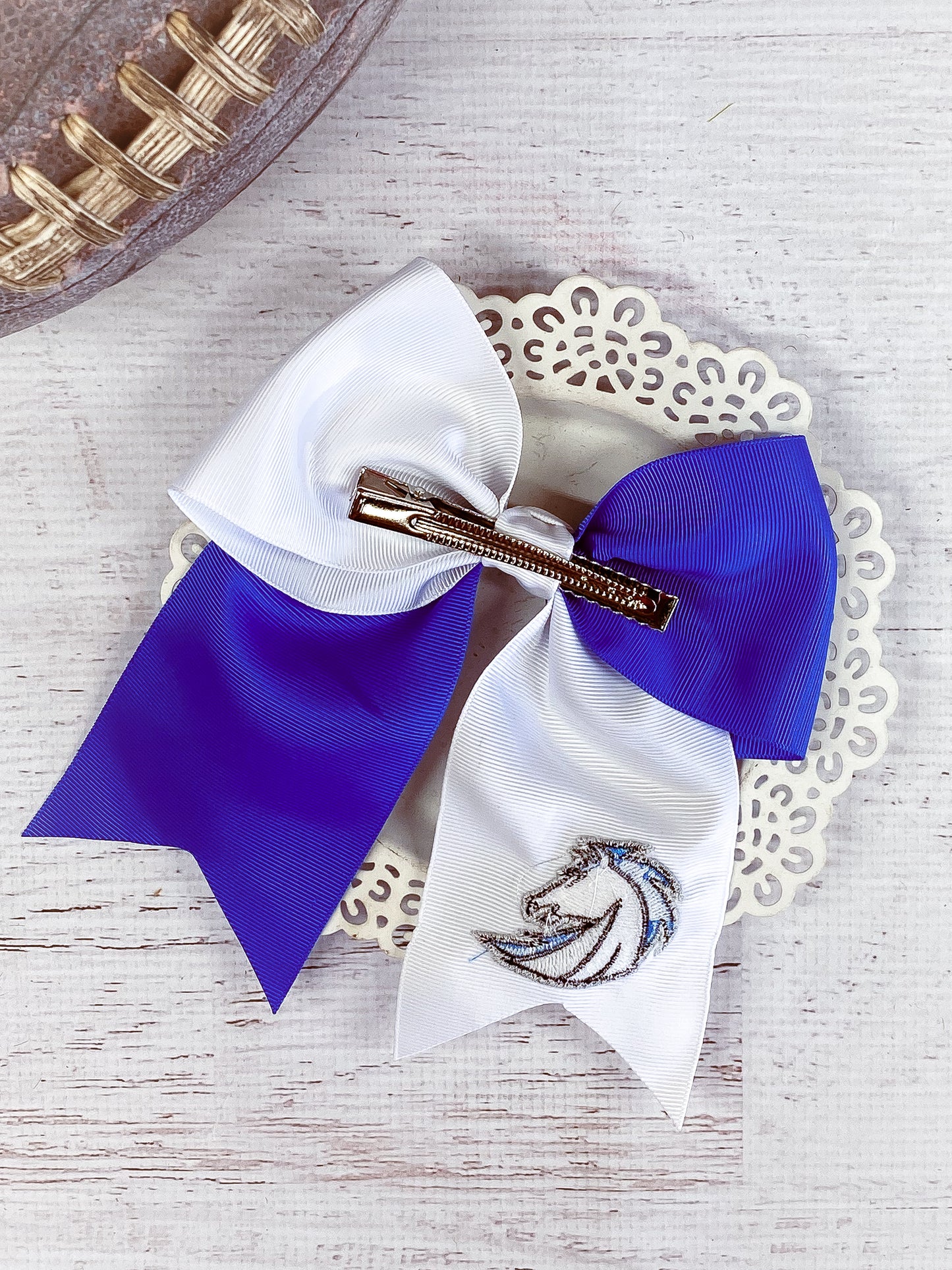 Back of the Blue & White Gilmore Chargers Cheer Bow
