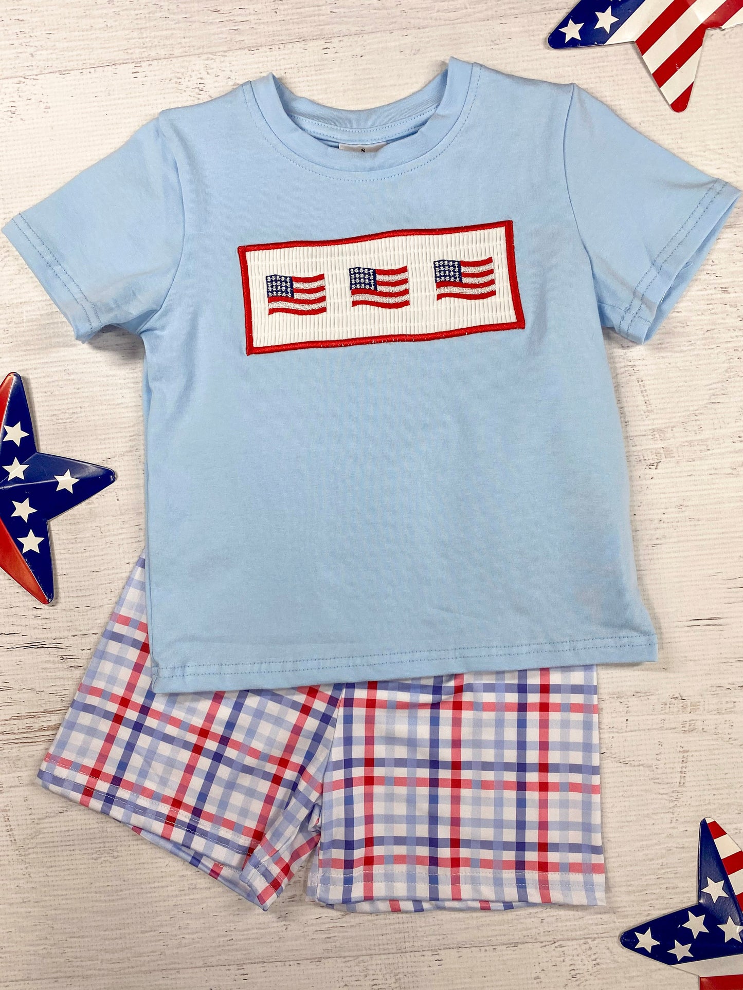 American Flags Tee and Plaid Shorts Boy's Set