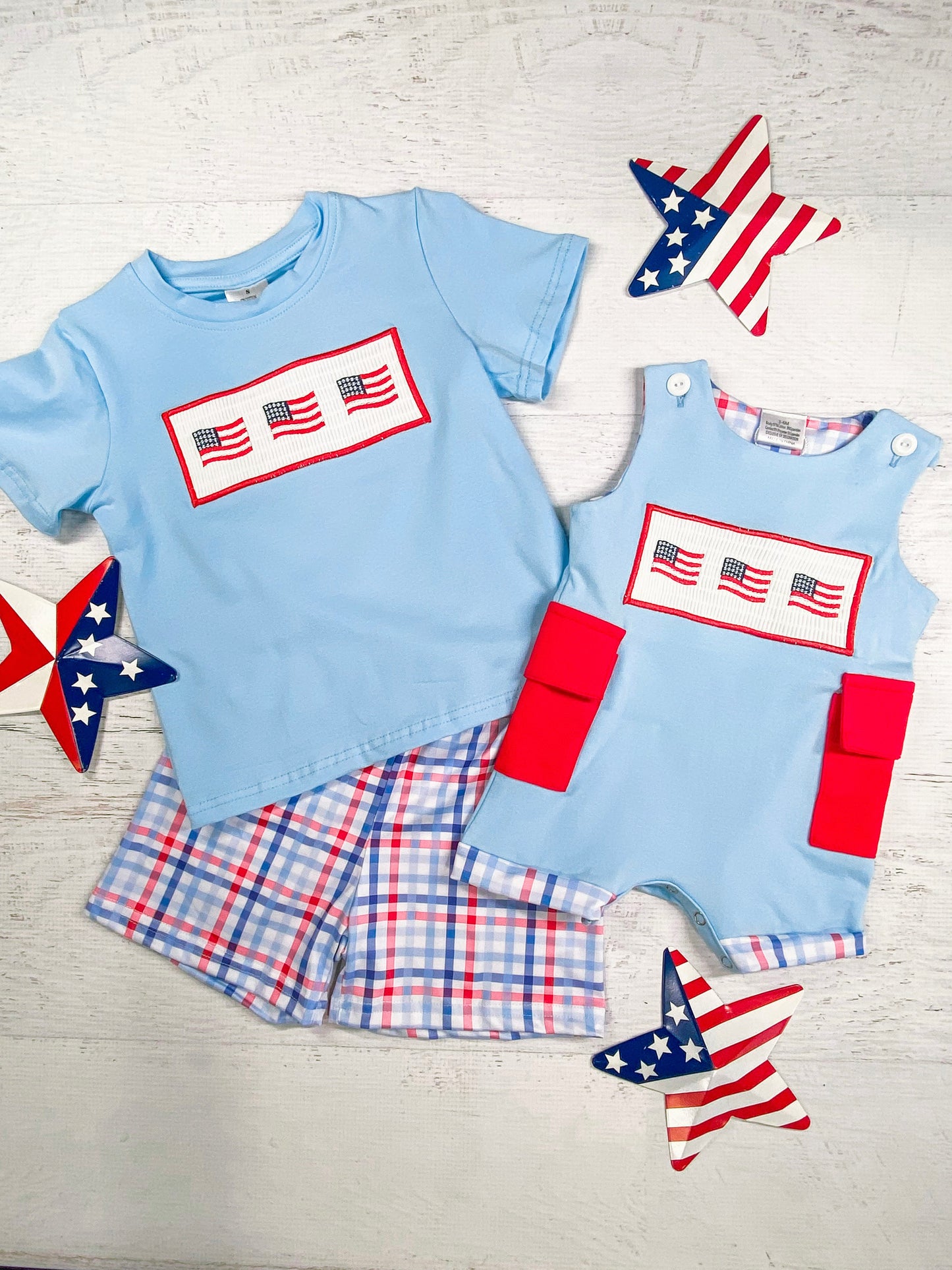 American Flag Trio Infant Boy's Romper and the matching American Flags Tee and Plaid Shorts Boy's Set