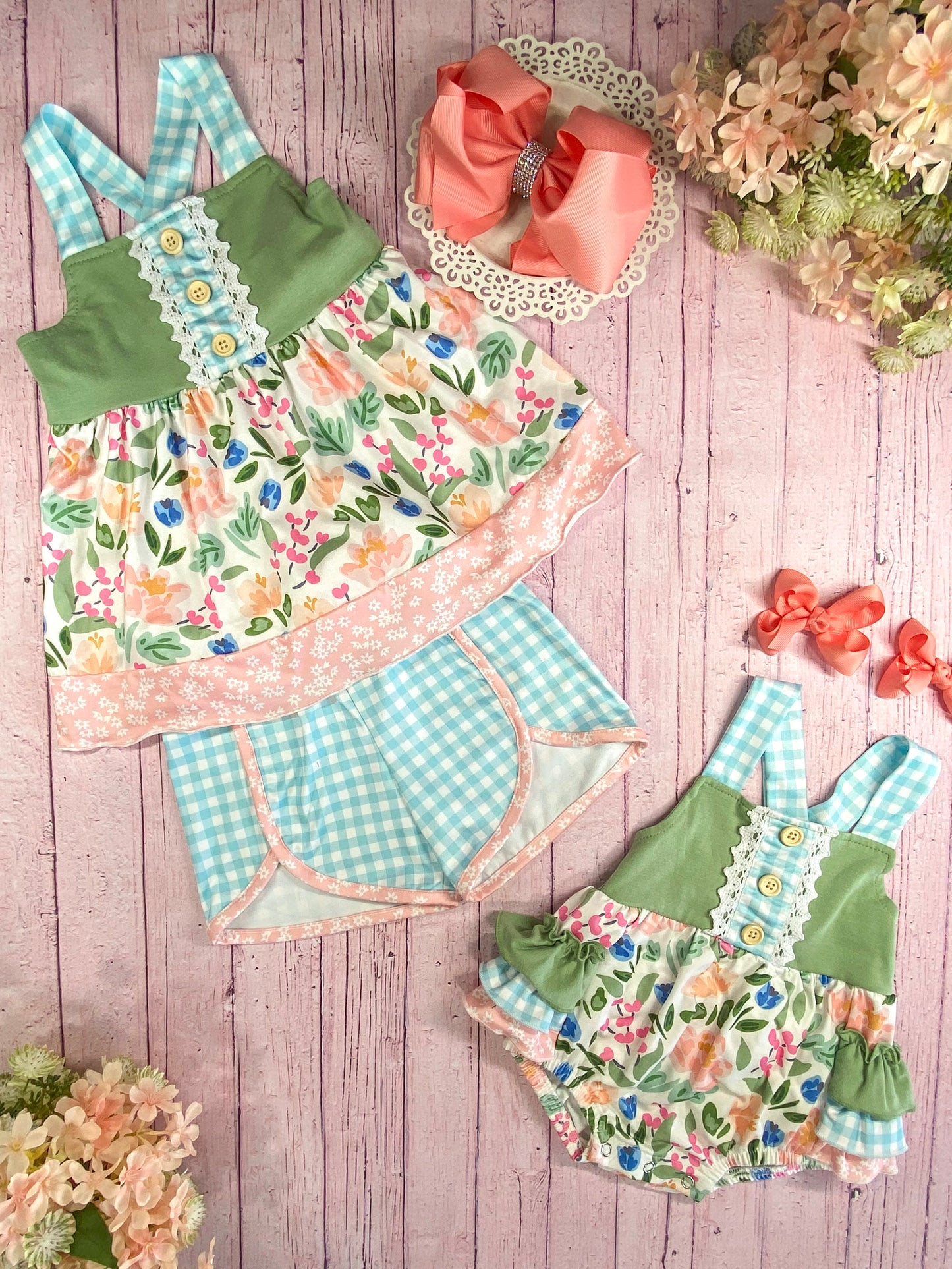 Summertime Flowers Infant Romper with matching girl's outfit