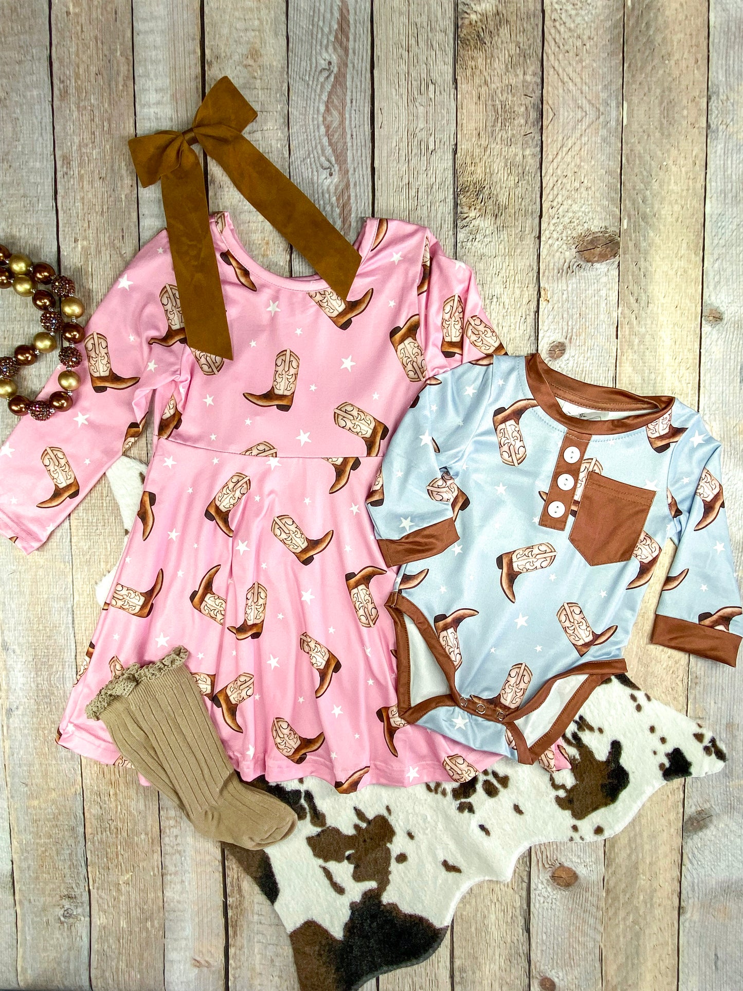Cowboy Boots Infant Romper next to matching girls dress (in pink)