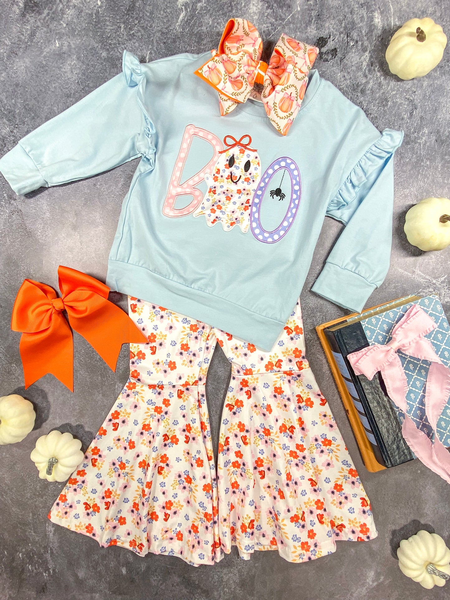 Blue BOO Long Sleeve & Floral Bell Bottoms Set