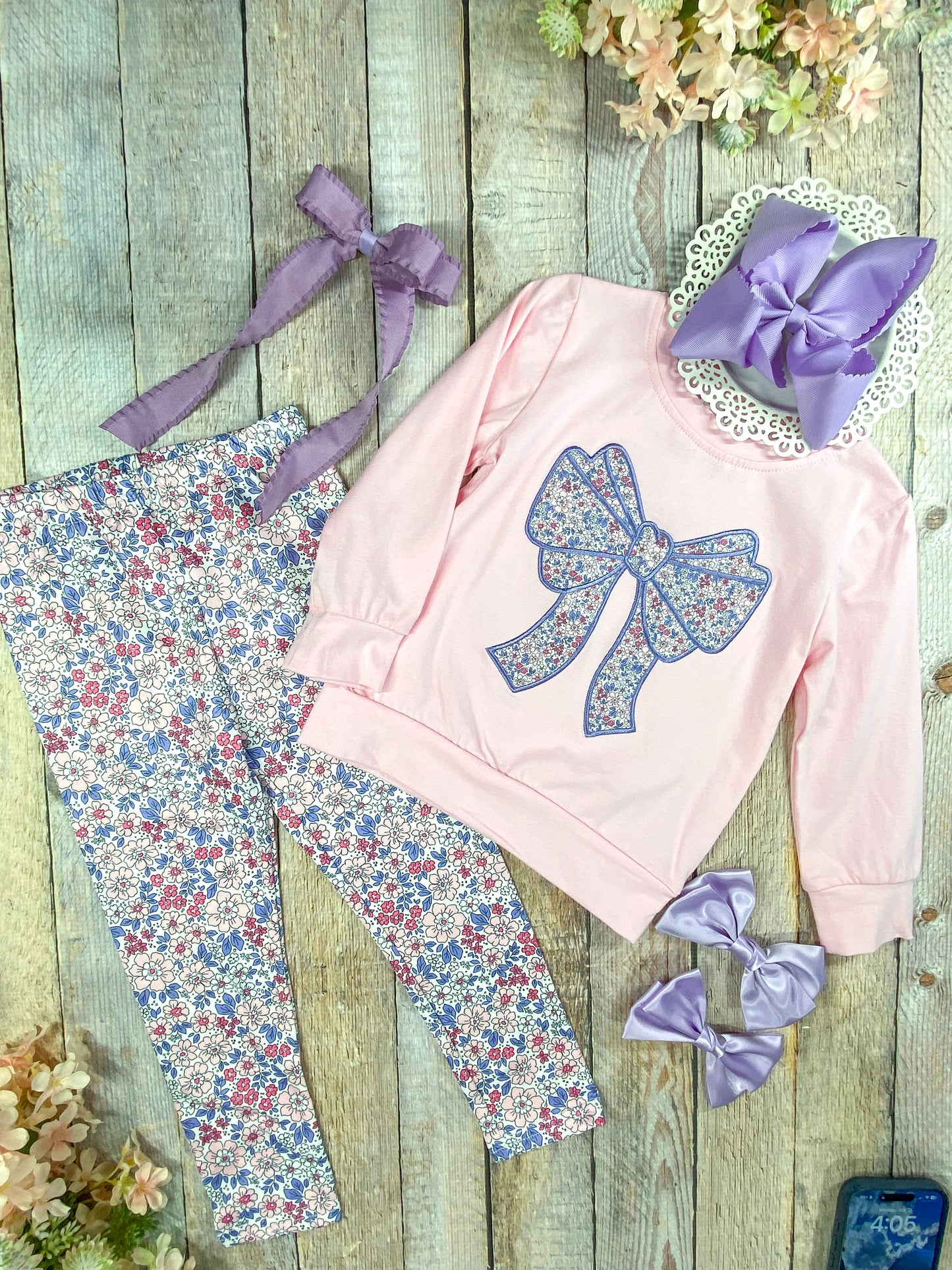 Purple Bow Applique with Floral Leggings Set