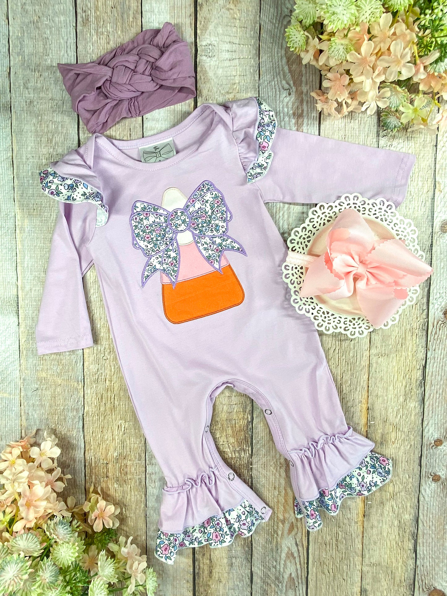Purple Candy Corn & Bows Infant Romper