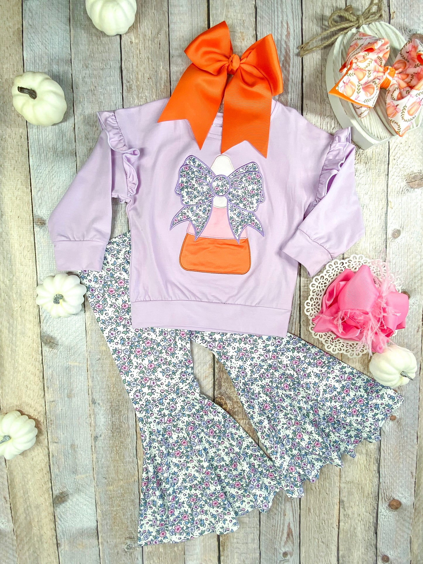 Purple Candy Corn & Bows Bell Bottoms Set
