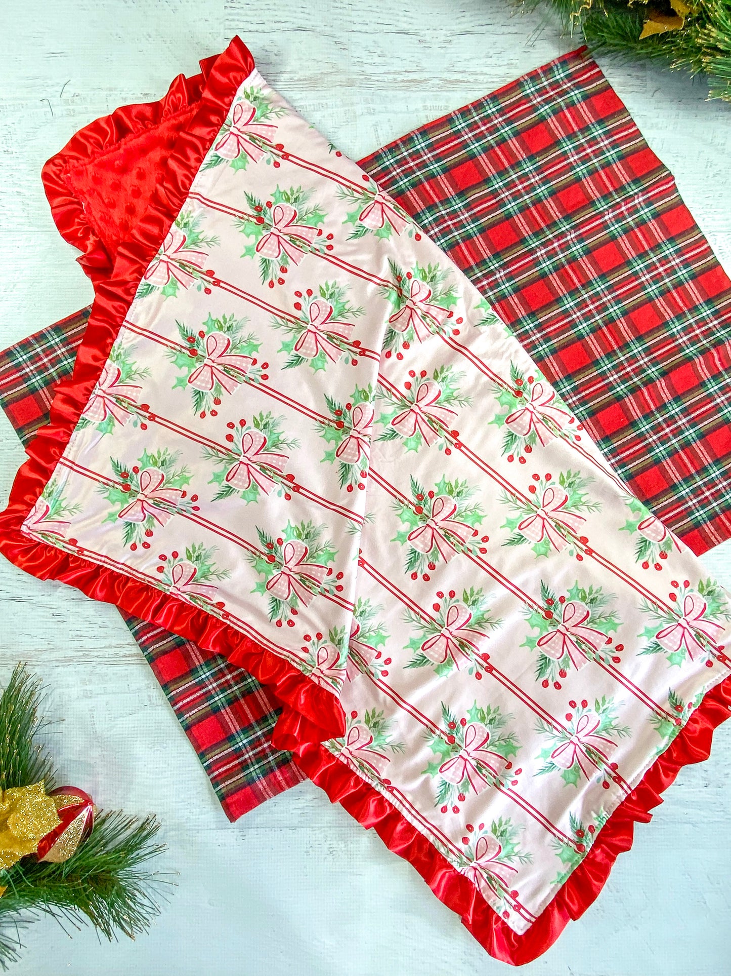 Holly Bows & Stripes Baby Blanket