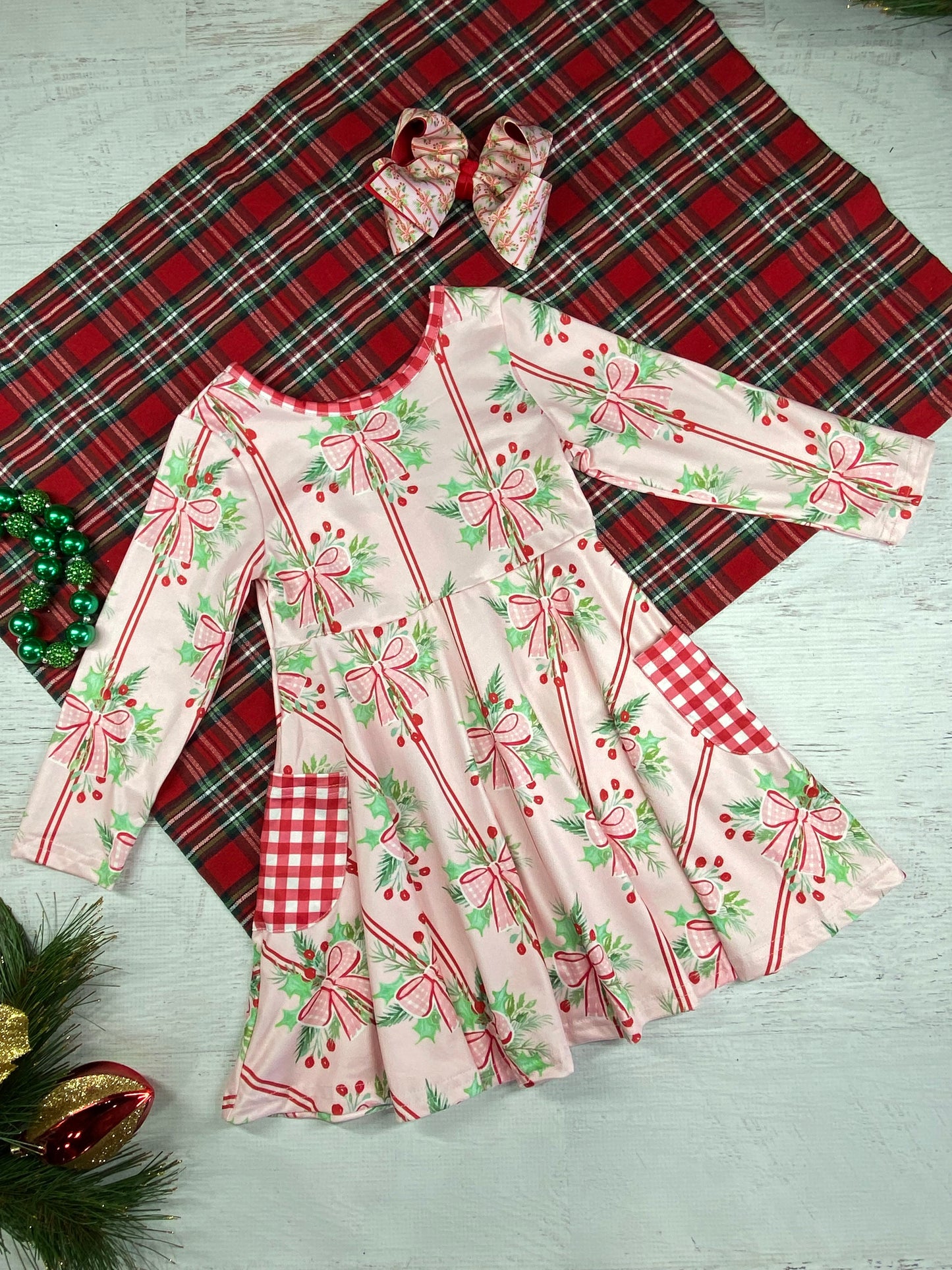 Holly Bows & Stripes Twirl Dress