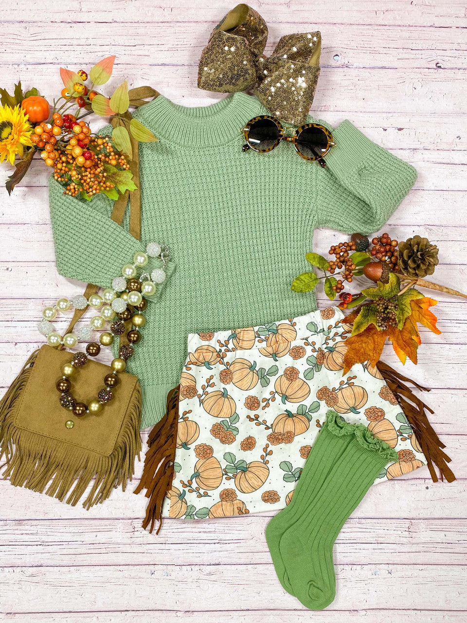 green sweater & pumpkin skirt set