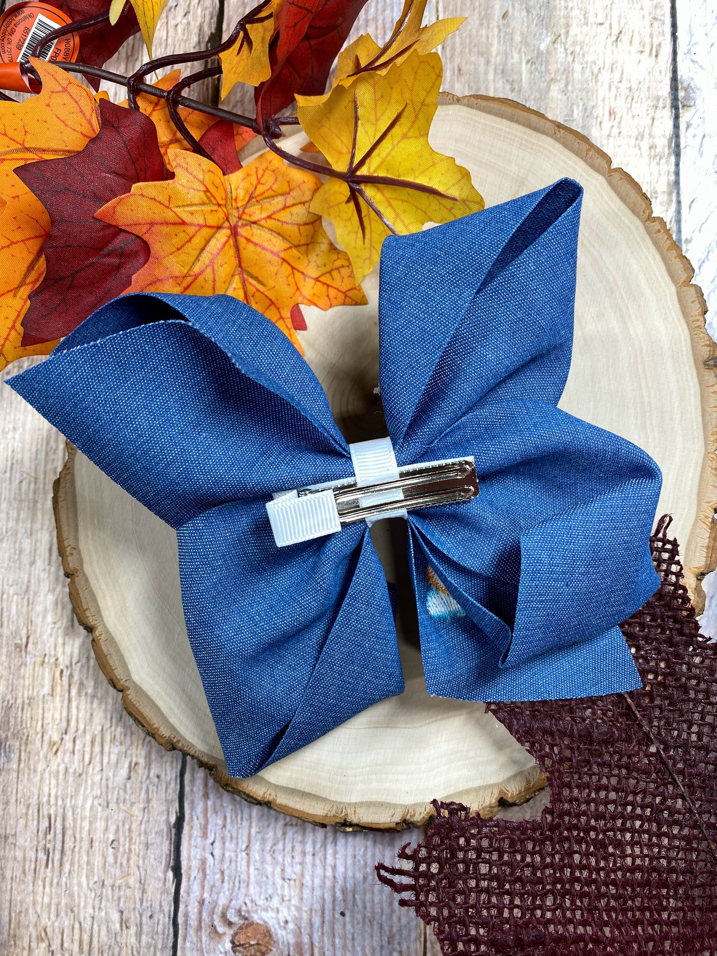 Pink Turkey Embroidery on Denim Hair Bow