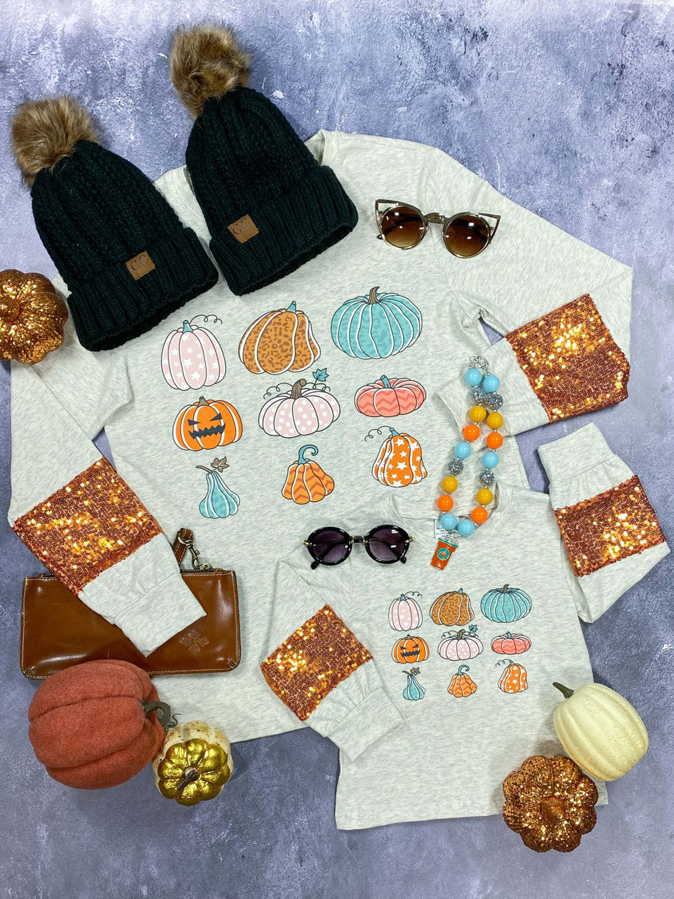 mommy and me patterned pumpkins and sequin sleeved shirts