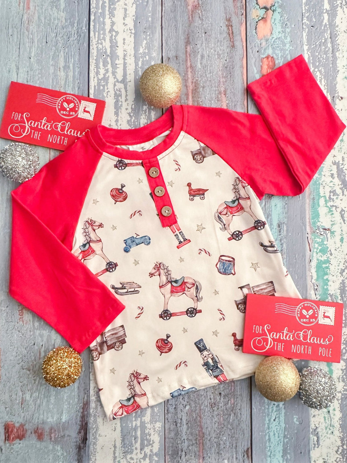 Boys vintage Christmas long sleeve top with rocking horses and nutcrackers