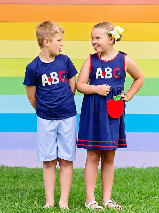 Kids wearing the navy ABC top and shorts - Alternative view