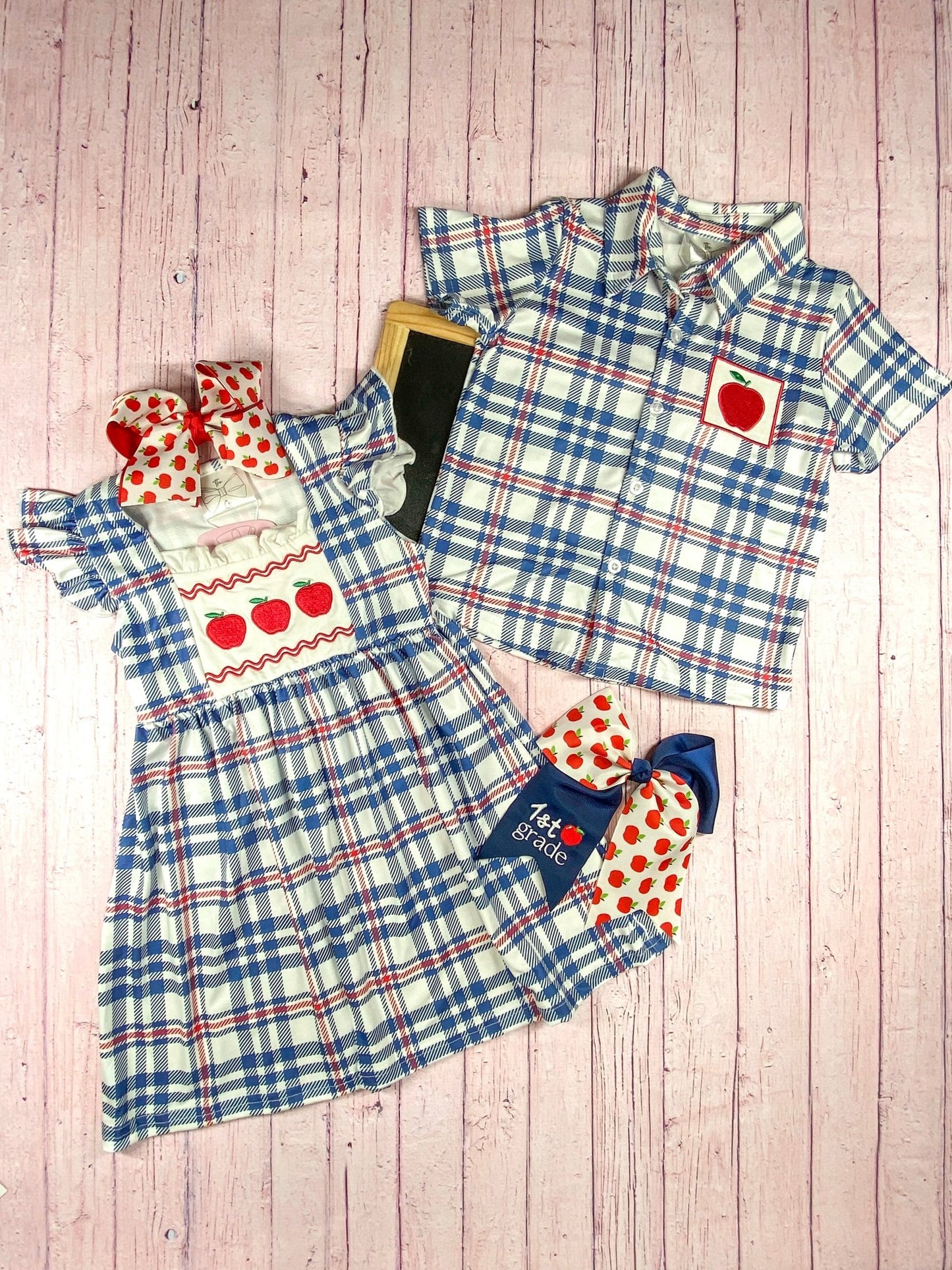 Apple Embroidered Plaid Boy's Collared Top with the matching girls dress