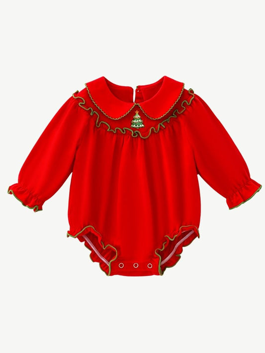 Red infant Christmas bubble romper with embroidered tree, green trim and ruffled collar and cuffs - Alternative view