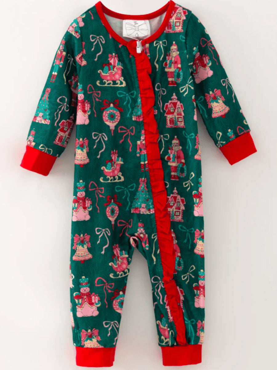 Baby girl green vintage Christmas print romper with red ruffle trim