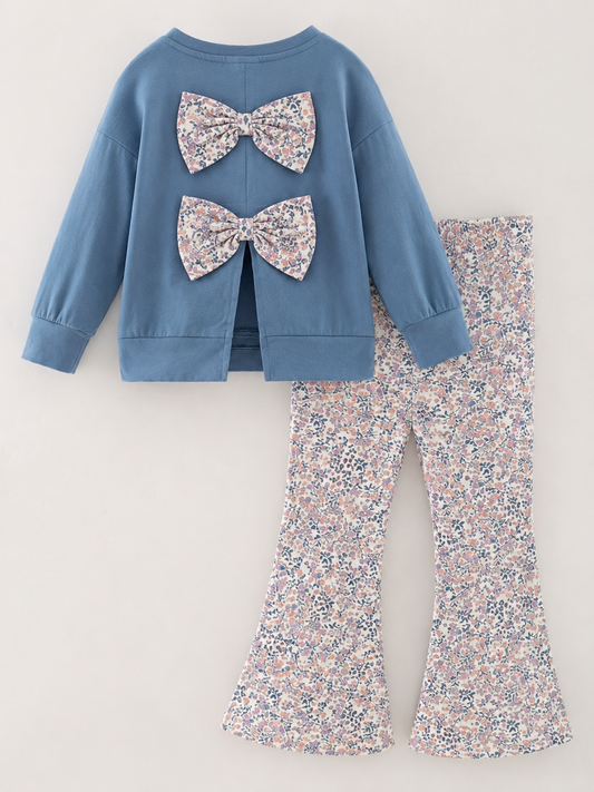 Back of Girls Cutest Pumpkin in the Patch Bell Bottom Outfit with Floral Bow Back Sweatshirt and Bell Bottom Pants - Alternative view