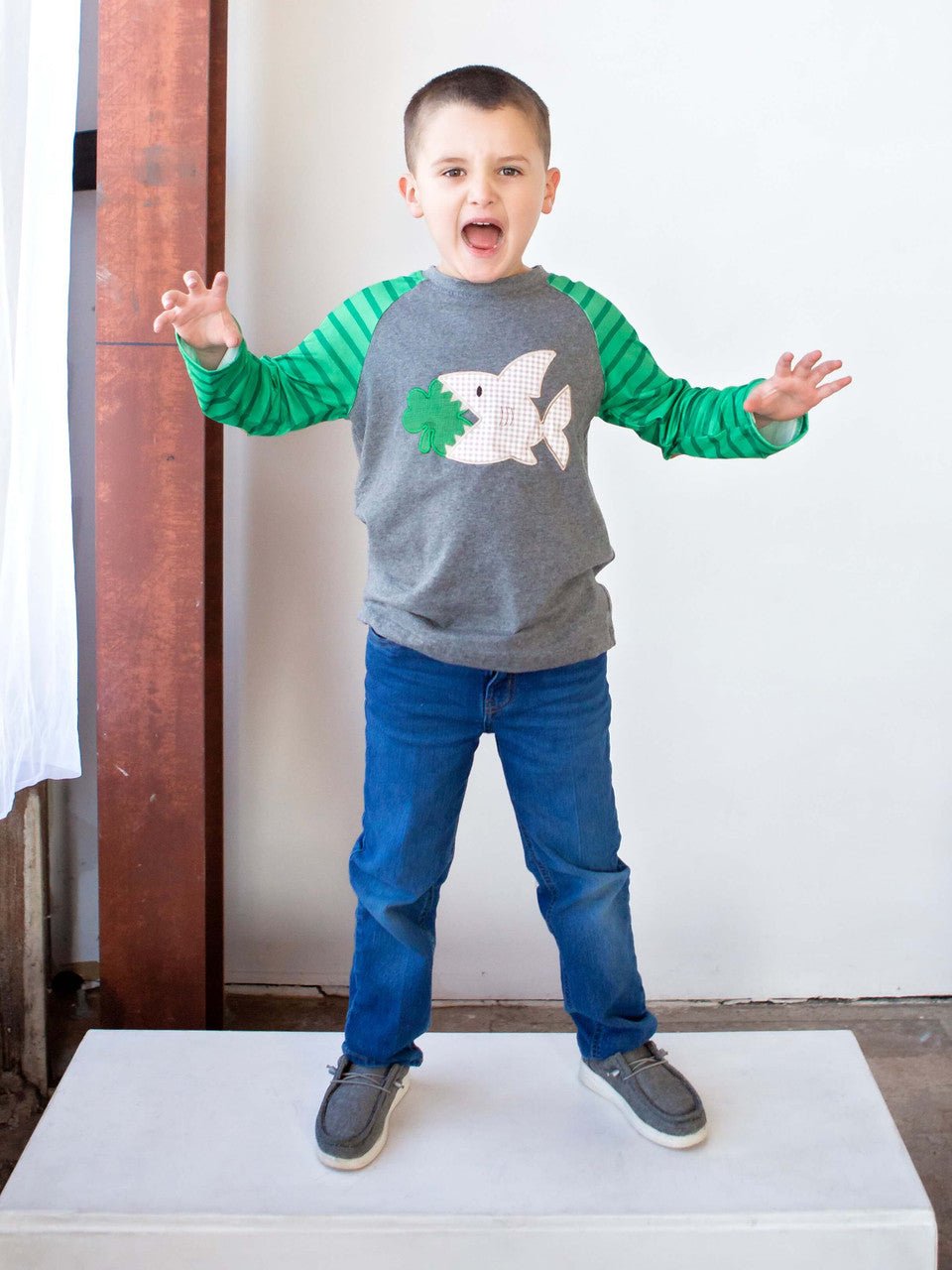 SHamrock shark shirt on model