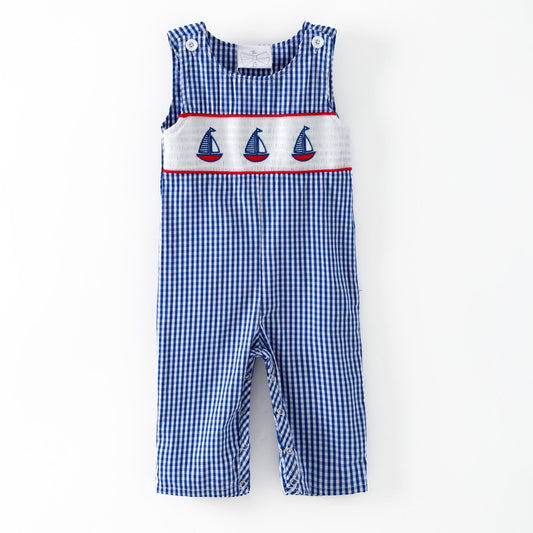 Blue checkered romper with sailboat design on a white background - Alternative view