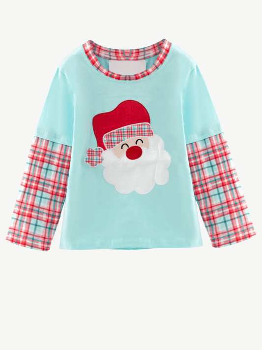 Boys aqua Christmas shirt with Santa applique and plaid layered sleeves - Alternative view