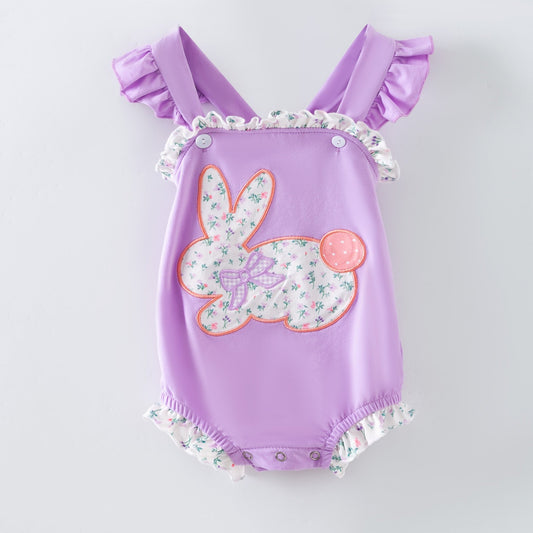 Purple baby romper with floral bunny design on a light gray background - Alternative view